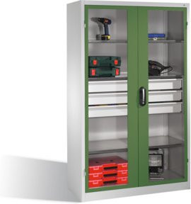 C+P Werkzeugschrank mit Sichtfenster-Drehtüren, 4 Böden und 3 Schubladen, Front Resedagrün, Korpus Lichtgrau, H: 195 cm, B: 120 cm, T: 50 cm - Bild 1