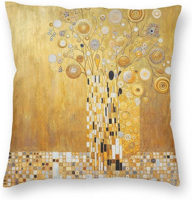 Klimt Blumen in Gold Quadratischer Kissenbezug aus Polyester, Leinen und Samt mit Reißverschluss, B/T/H: 60 x 60 x 1 cm - Bild 1