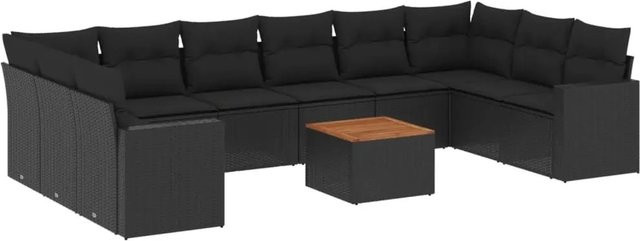 vidaXL 11-tlg. Garten-Sofagarnitur in L-Form aus Polyrattan mit Kissen und Couchtisch, Schwarz - Bild 1
