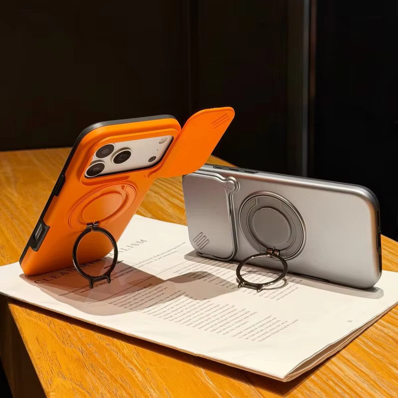 Eurynome Kamera-Schiebehülle für iPhone 12 bis 17 Pro Max, stoßfeste Panzerhülle mit magnetischem Ringhalter aus Hartplastik und TPU, Farben: Schwarz und Orange - Bild 4