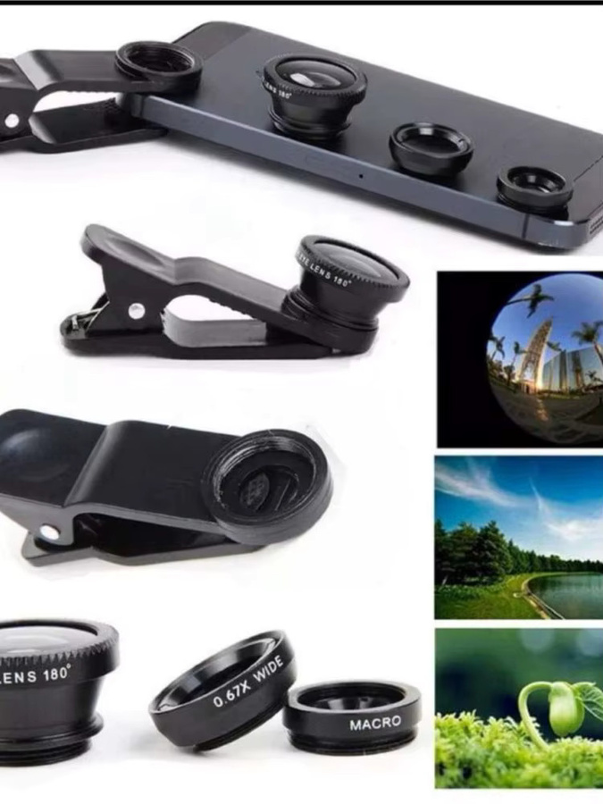 3-in-1 Fisheye Weitwinkel und Mikro Kamera-Objektiv-Set mit Telefonclips in Schwarz für iPhone, Samsung, Xiaomi und Redmi - Bild 7