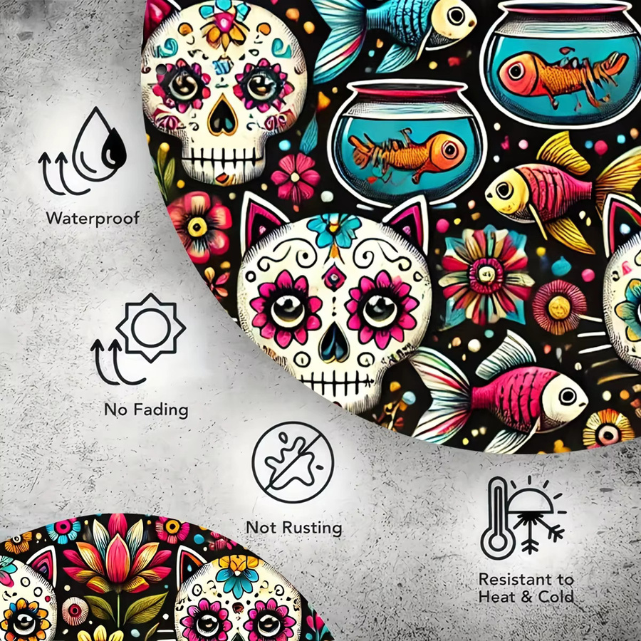 Potdemiel Zuckerschädel-Kranz-Schild, runde Aluminium-Dekoration für Dia de los Muertos und Cinco De Mayo, Mehrfarbig, Durchmesser: 20 cm - Bild 3