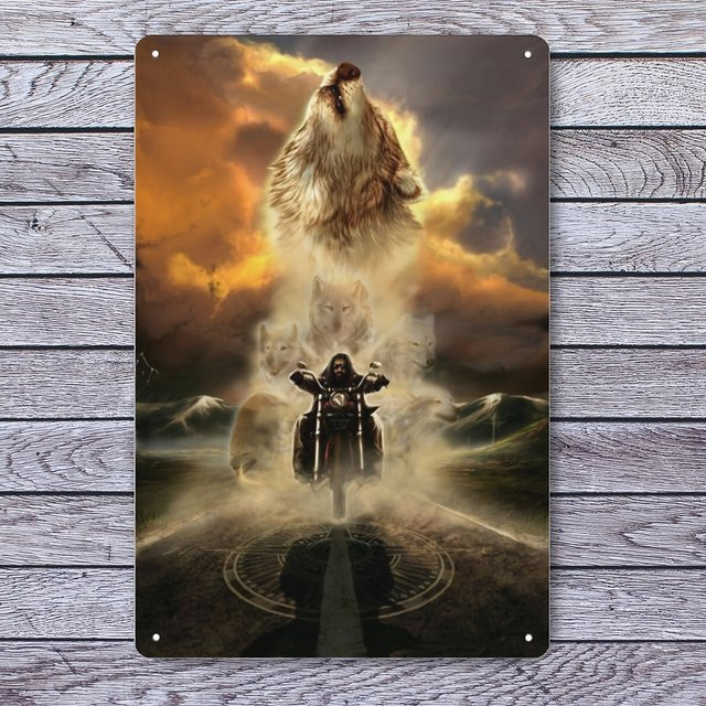 David Mann Motorrad-Blechschild Raging Wolf und Motorradfahrer als Metallposter Wanddekoration B: 20,0 cm, H: 14,0 cm, T: 1,0 cm - Bild 1