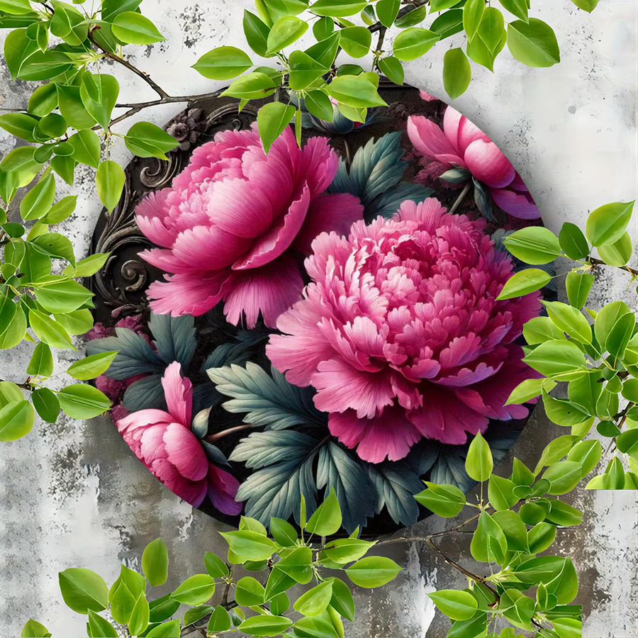 Potdemiel Metallwandkunst Pfingstrosen Blumenkranz in Pink, Rundes Blumen-Schild aus Eisen für Innen und Außen, Durchmesser: 20 cm - Bild 4