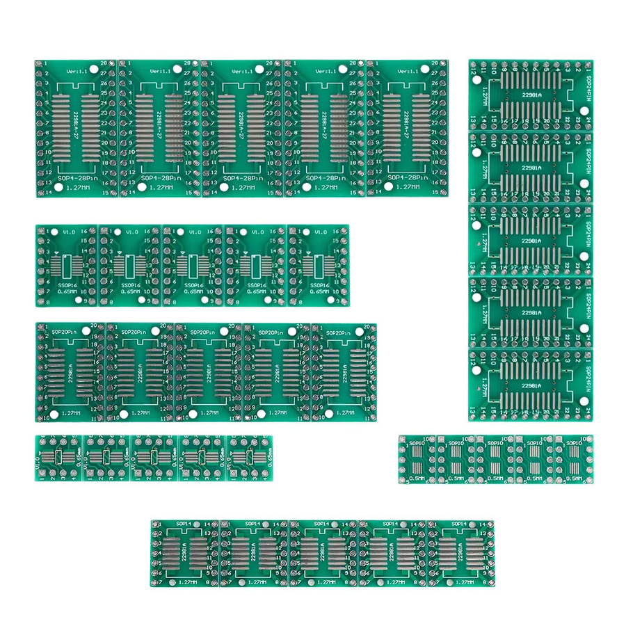 35er Set PCB Adapter Board Kit für SMD zu DIP Konvertierung, MSOP10, SOT23, SOP8, 16, 24, 28 Pins, Farbe: Grün - Bild 5