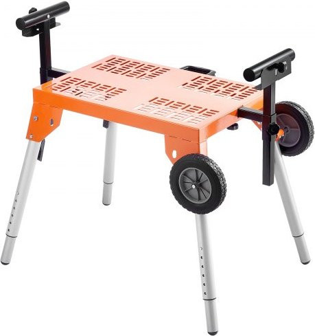 VEVOR Gehrungssägenständer aus Stahl mit Tischplatte und Rollen, zusammenklappbarer Rollständer in Orange, Tragkraft 150 kg, höhenverstellbar und längenverstellbar - Bild 1