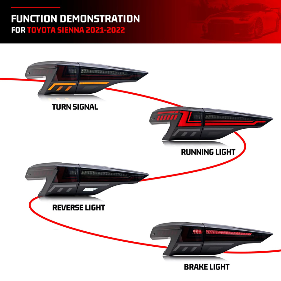LED-Rückleuchten für Toyota Sienna 2020-2026 mit sequenziellem Blinker und getönter Heckklappenleuchte in Schwarz - Bild 2