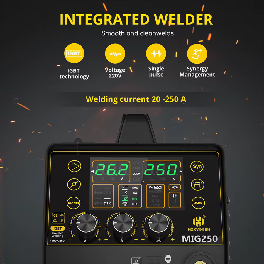 HZXVOGEN MIG250 5-in-1 Multifunktionales Schweißgerät in Schwarz mit LED-Bildschirm für Stick ARC MMA Gas/Gaslos MIG Lift TIG und Aluminiumschweißen (0,8/0,9/1,0 mm Draht) - Bild 2