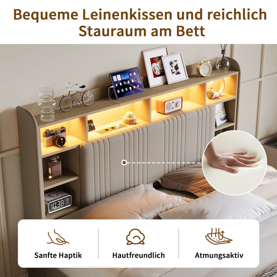 Superaly Plattformbett aus Leinen in Beige mit 4 Schubladen, LED-Beleuchtung, USB-Ladestation und Kopfteil mit Bücherregal, B/T: 160 x 200 cm - Bild 5
