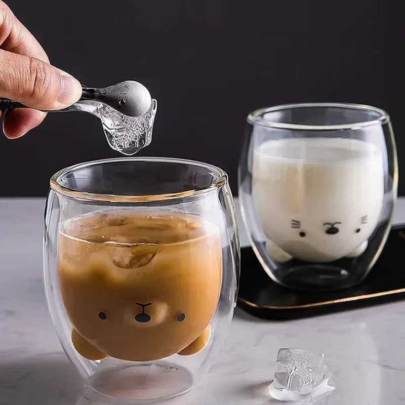 Venlohome Doppelwandiger Glasbecher Transparent mit Bär- und Katzen-Design für Kaffee, Milch oder Saft - Bild 2