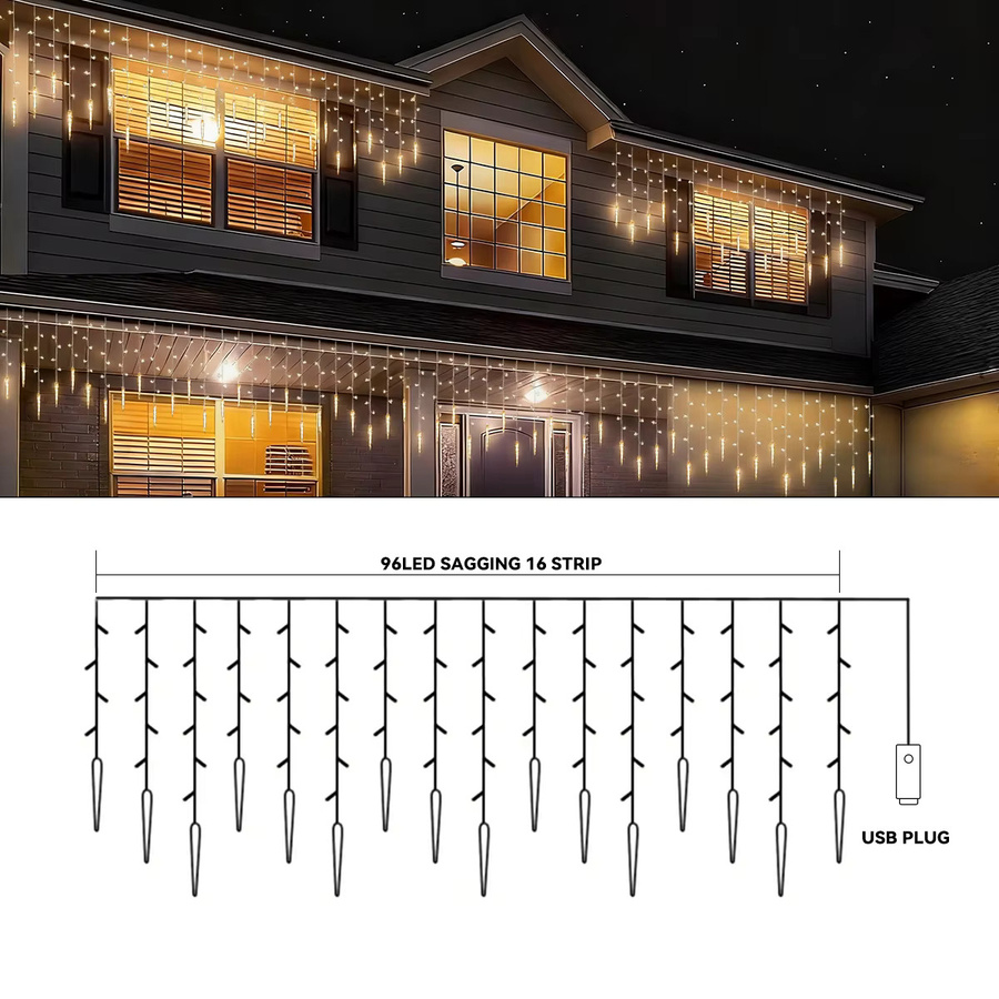 Peach Forest LED Eiszapfen Lichterkette mit 96 LEDs in Weiß für Weihnachtsdekoration und Partys, USB-betrieben - Bild 2