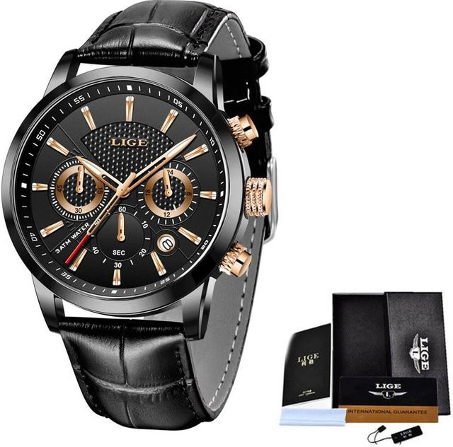 LIGE Armbanduhr, Chronograph, Quarz, Edelstahl, Leder, Schwarz/Gold, Herren - Bild 1