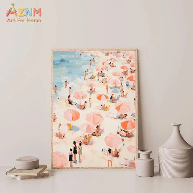 AZNM Ölgemälde-Druck Strandlandschaft mit rosa Sonnenschirm als ästhetische Leinwand-Wandkunst im Retro-Stil, mehrfarbig - Bild 1