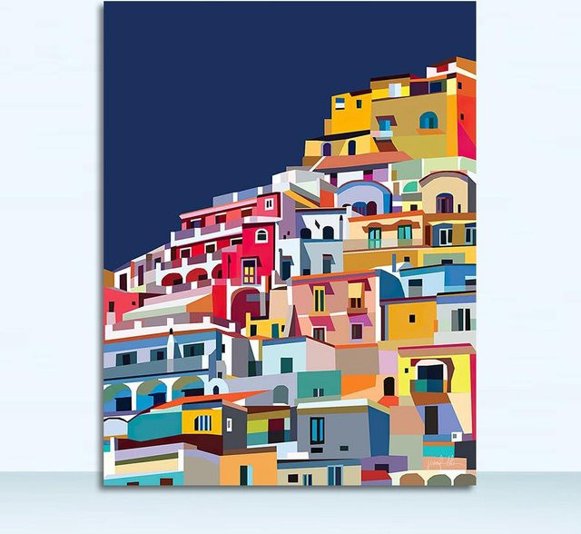 Leinwandgemälde Architekturkunst Amalfiküste Positano Italien, Buntes Wandbild als Poster, Breite: 40 cm, Höhe: 50 cm - Bild 1