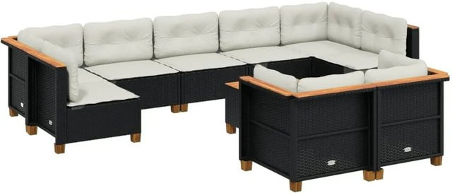 vidaXL 10-tlg. Garten-Sofagarnitur aus Poly-Rattan und Akazienholz in Schwarz mit Kissen und Gartentisch - Bild 1