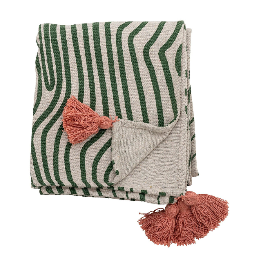 Bloomingville Plaid Woodsby aus recycelter Baumwolle grün gestreift mit Fransen B: 130 cm, T: 160 cm - Bild 1