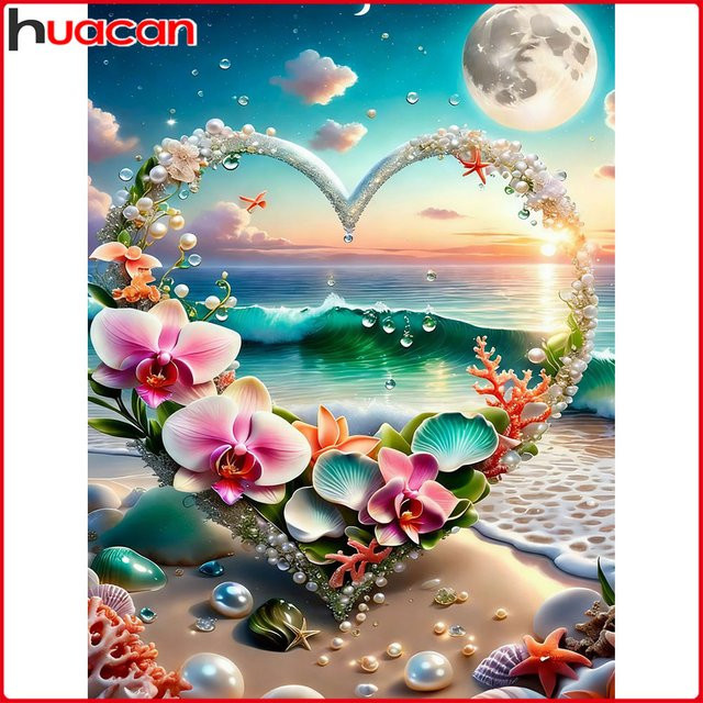 Huacan Diamond Painting Set Meereslandschaft Herz und Blumen in Multicolour B/H: 30 x 20 cm - Bild 1