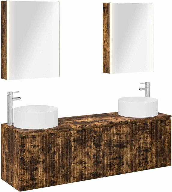 vidaXL Badezimmerschrank-Set aus Holzwerkstoff in Geräucherte Eiche, 5-teiliges modernes Set mit Waschtischunterschrank, Wandschrank und Spiegelschrank mit LED-Beleuchtung, Braun - Bild 1