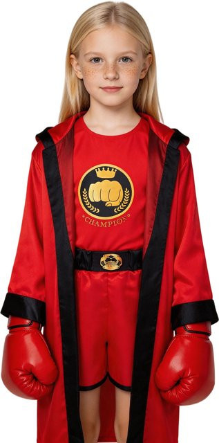 memune Kinder-Boxchampion-Kostüm-Set, Roter Satin-Bademantel, T-Shirt, Shorts, Gürtel, Handschuhe, Unisex - Bild 1