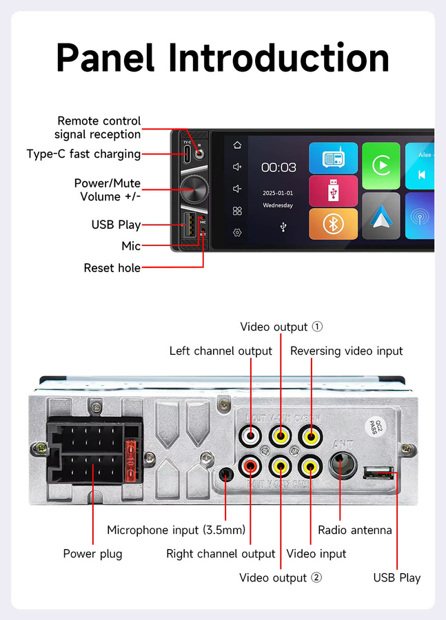 BQCC Universeller 1Din Auto-Multimedia-Player mit 6,28 Zoll Display, CarPlay und Android Auto, Bluetooth, FM, AUX und USB, Schwarz - Bild 5