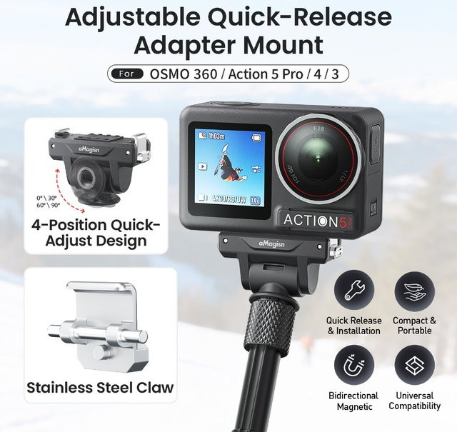 aMagisn Verstellbare Schnellwechselhalterung und Magnetstabilisierungsadapter für DJI OSMO 360, Action 5 Pro, 4 und 3 in Schwarz - Bild 1