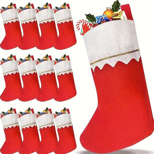 12er Set Weihnachtsstrümpfe aus Polyester in Weiß und Gold mit grünem Rand und Goldfaden als hängende Weihnachtsdekoration - Bild 1