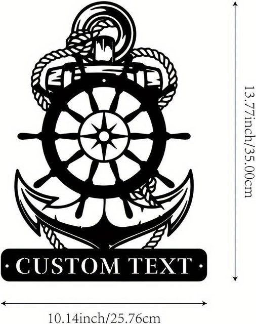 Personalisierte Metall Wanddeko im maritimen Anker- und Steuerrad-Design von CIFbuy, grau - Bild 1