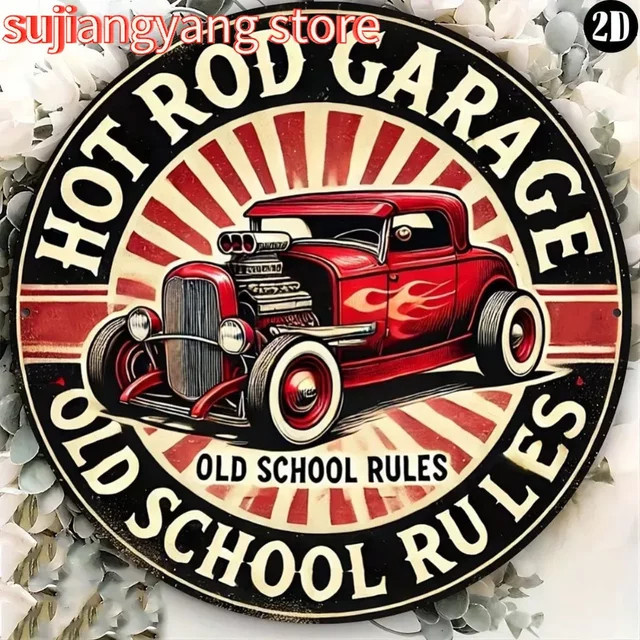 Potdemiel Hot Rod Garage Metallschild im Vintage-Stil, rund, Durchmesser: 20 cm - Bild 1