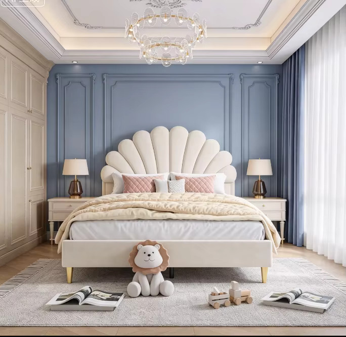 Rosahqnda Kinderbett in Muschelform mit Blumen-Kopfteil, gepolstertes Doppelbett aus Samt mit goldenen Eisenbeinen, Farbe: Beige, B/T/H: 140 x 200 cm - Bild 2