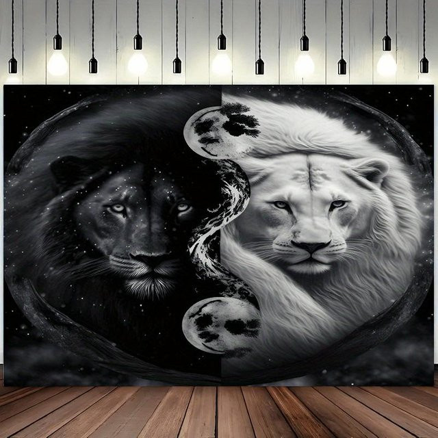 Yin Yang Löwe Wandteppich von JMG Household Supplies in Schwarz, Weiß und Hellbeige mit Sternen und Monden, B: 100 cm, H: 70 cm - Bild 1