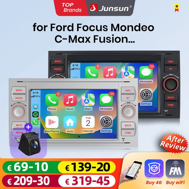 Junsun 7-Zoll Kabelloses CarPlay und Android Auto Autoradio für Ford Focus Mondeo Fiesta Transit Kuga C-Max S-Max Galaxy in Schwarz mit IPS Touchscreen - Bild 1