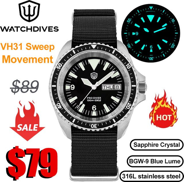 Watchdives Armbanduhr, Edelstahl, Quarz, 39 mm, Herren, Schwarz - Bild 1