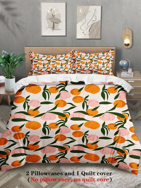 Bettwäsche-Set mit Pfirsich-Fruchtmuster in Weiß, Orange und Rosa, bestehend aus Bettbezug und Kissenbezügen aus Mikrofaser, B/H: 172 x 218 cm - Bild 1