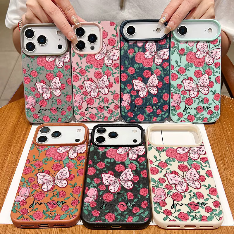 MOESOE Handyhülle mit romantischem Gartenmuster für iPhone 17 16 15 14 13 12 11 Pro Max in Grau und Multicolour, stoßfeste Lederstruktur aus TPU - Bild 4