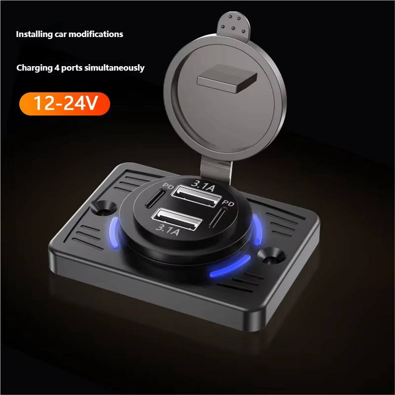 Dual USB und USB-C Autoladegerät mit Dual PD Schnellladefunktion, wasserdichte Steckdose für Auto, LKW, Boot und RV, Schwarz, 12V/24V - Bild 2