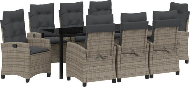 vidaXL 9-teiliges Garten-Esstisch-Set aus Poly-Rattan in Grau mit Kissen und rechteckigem Tisch für Terrasse und Balkon - Bild 1