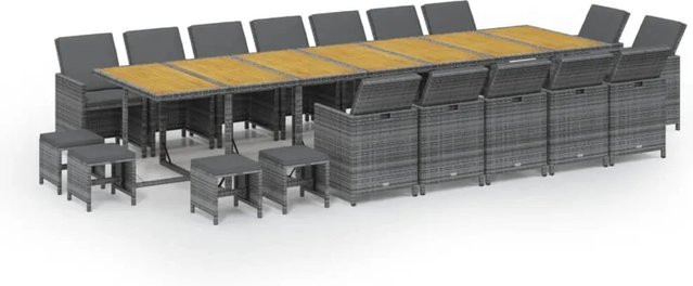 vidaXL 19-teilige Garten-Essgruppe aus Poly Rattan und massivem Akazienholz in Grau mit Kissen - Bild 1