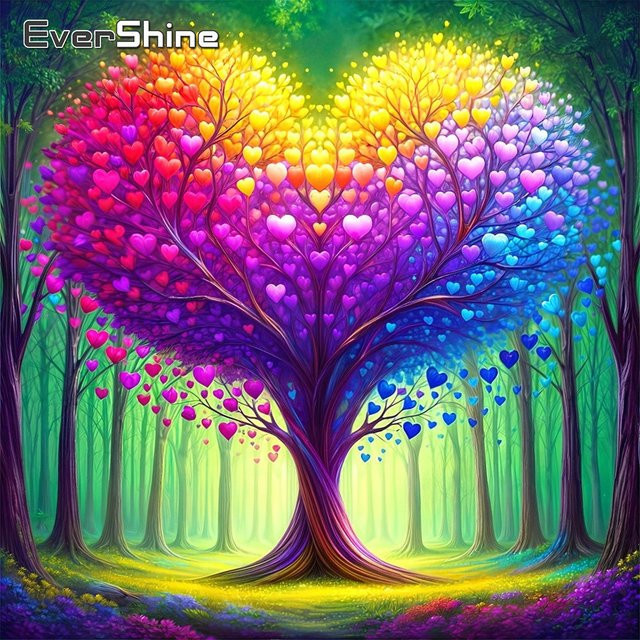 EverShine Diamant-Stickerei Set Rundes Baum-Bild mit Liebesherz und floralem Motiv, Multicolour, Durchmesser: 20 cm - Bild 1