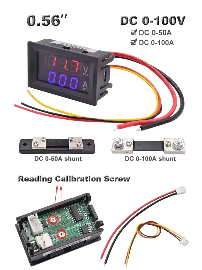YIDIELE Digital DC Voltmeter und Amperemeter mit LED-Anzeige in Rot und Blau, Messbereich 0-100V und 0-100A inklusive Shunt - Bild 3