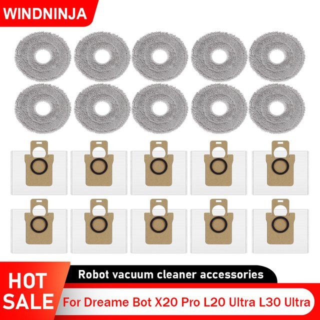 WINDNINJA Ersatzset für Dreame Bot X20 Pro L20 Ultra L30 Ultra mit Staubbeuteln und Mopptüchern in Weiß - Bild 1