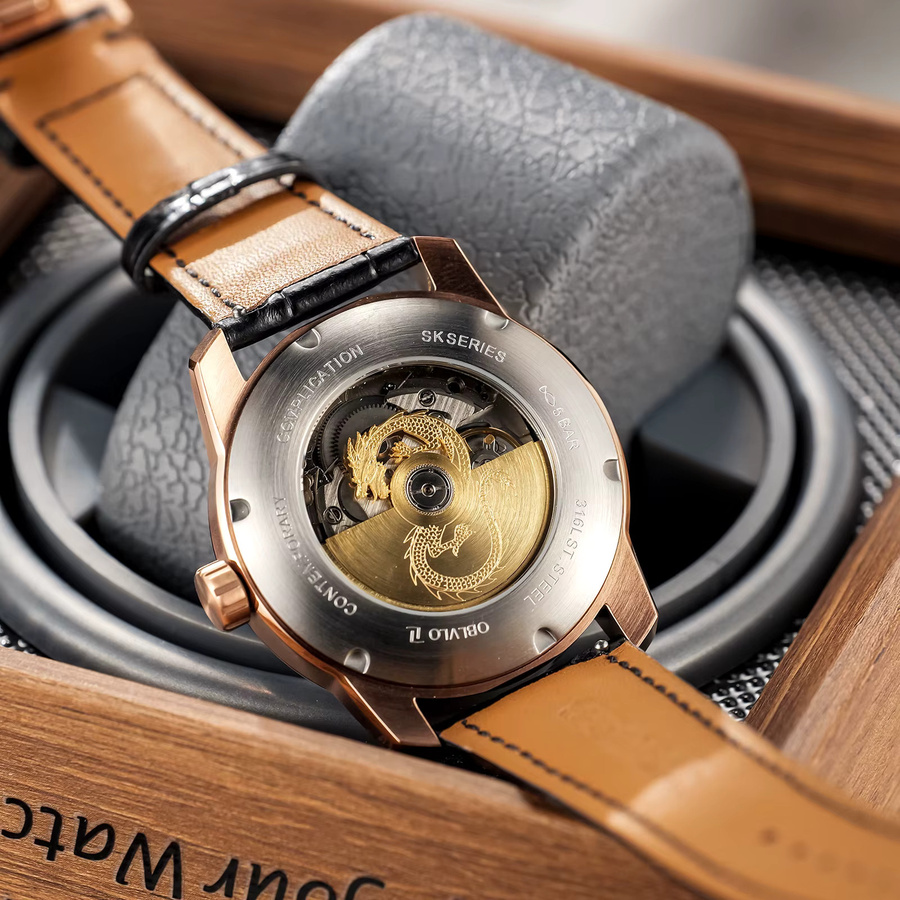 Oblvlo Armbanduhr, Automatik, Gold, Leder, Herren - Bild 5