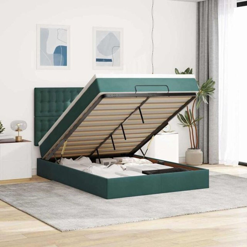 Vidaxl Ottoman Polsterbett mit Matratzen und LED in Dunkelgrün aus Samt, B/T/H: 140 x 200 x 128 cm - Bild 1