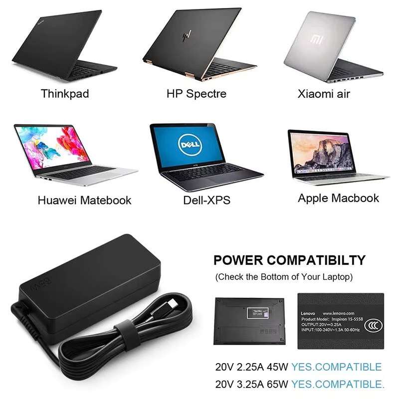 PHONEPACE Notebook-Netzteil 65W mit USB-C-Schnittstelle, 20V 3.25A Laptop-Ladegerät in Schwarz, kompatibel mit ASUS, Lenovo und HP Laptops - Bild 5