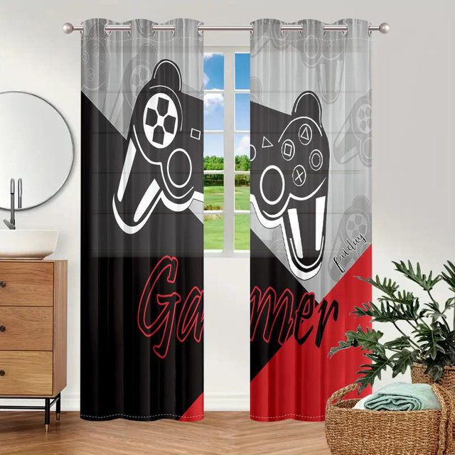 2er-Set Spielcontroller-Vorhänge mit Ösen in Schwarz, Rot und Grau, halbtransparentes Design für Wohnzimmer und Schlafzimmer, Breite: 150 cm, Höhe: 166 cm - Bild 1