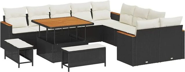 vidaXL 13-teiliges Garten-Sofa-Set aus Poly Rattan und Akazie mit Kissen in Schwarz-Creme - Bild 1