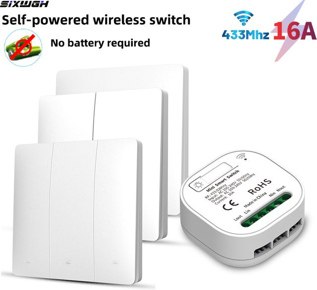 Sixwgh RF 433MHz Kabelloser Wandlichtschalter mit Fernbedienung in Weiß, Selbstversorgend ohne Batterie, Modernes Design aus Kunststoff - Bild 1