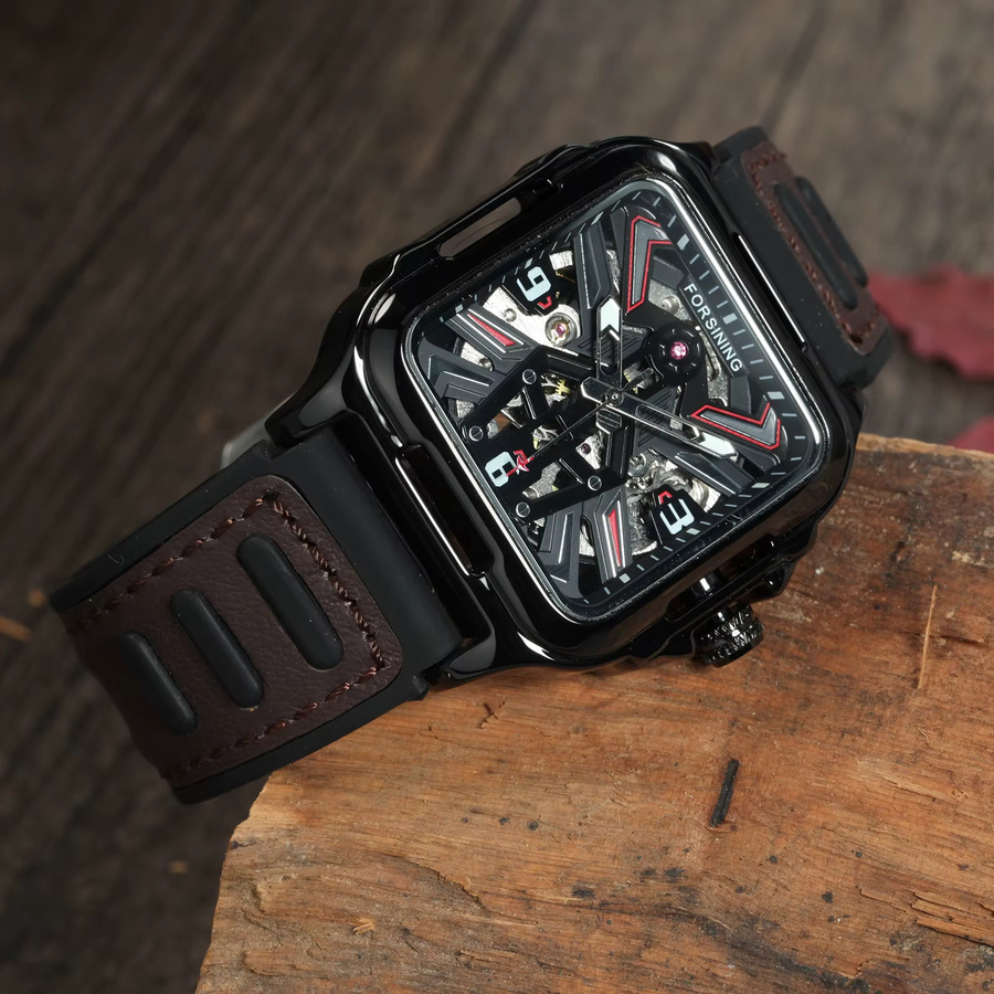 Forsining Armbanduhr, Automatik, eckig, Leder, Edelstahl, Schwarz, Herren - Bild 2