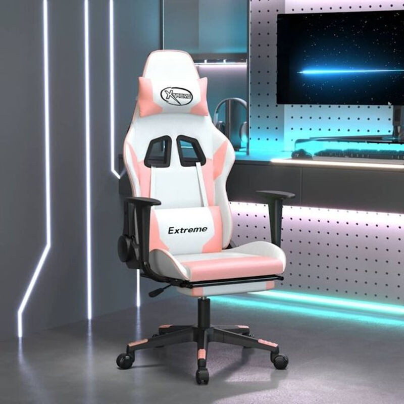 vidaxl Gamingstuhl mit Massage und Fußstütze aus Kunstleder in Weiß und Rosa - Bild 1
