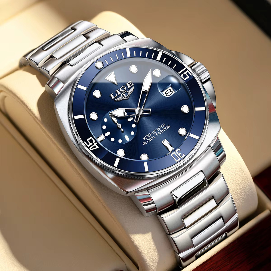 LIGE Armbanduhr Edelstahl, Quarz, Datum, Blau, Herren - Bild 3