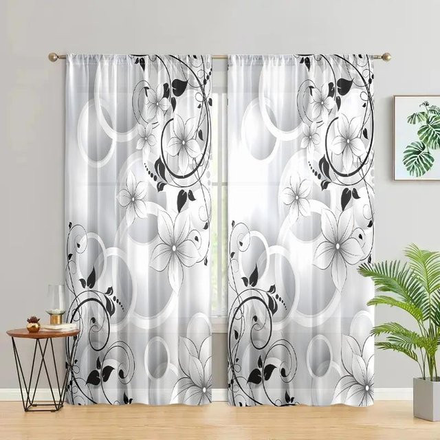 2er-Set Geometrische Florale Kunstvorhänge von Household supplies MH in Weiß mit 30% Verdunkelung, B: 150 cm, H: 166 cm - Bild 1
